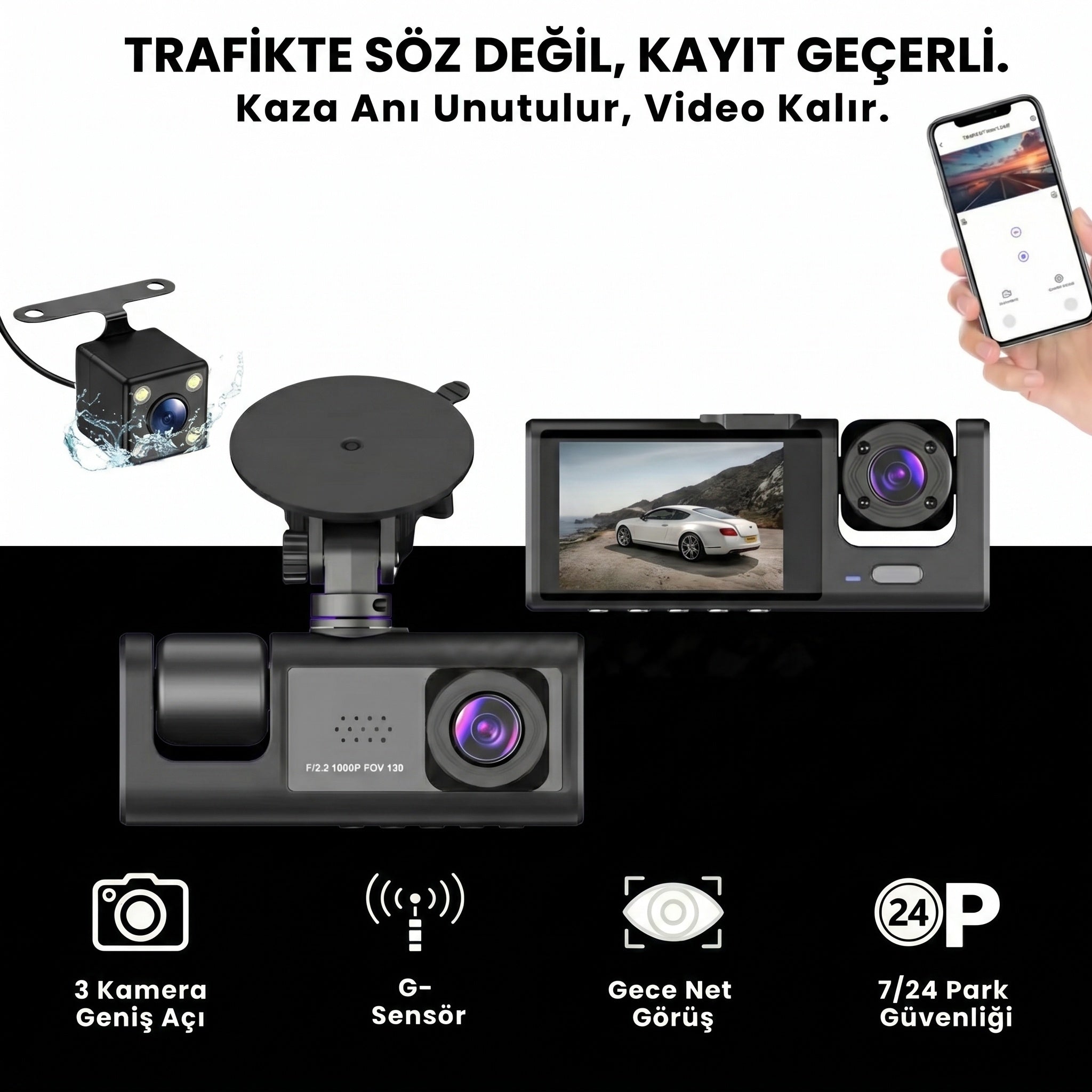 Her Araca Uyumlu 3 Kameralı Araç Kamerası